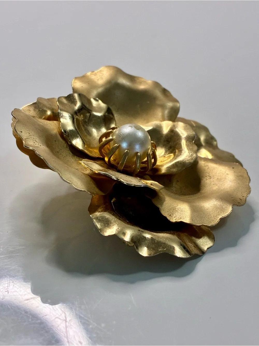Brushed Gold Flower Brooch with Pearl Center Multi Dimensional Lightweight